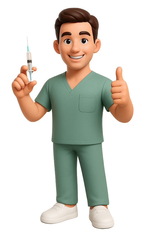 Uśmiechnięta postać mężczyzny w stroju medycznym ze strzykawką, wskazującego kciukiem w górę, symbolizująca profesjonalizm agencji marketingowej z wynikami dla medycyny.