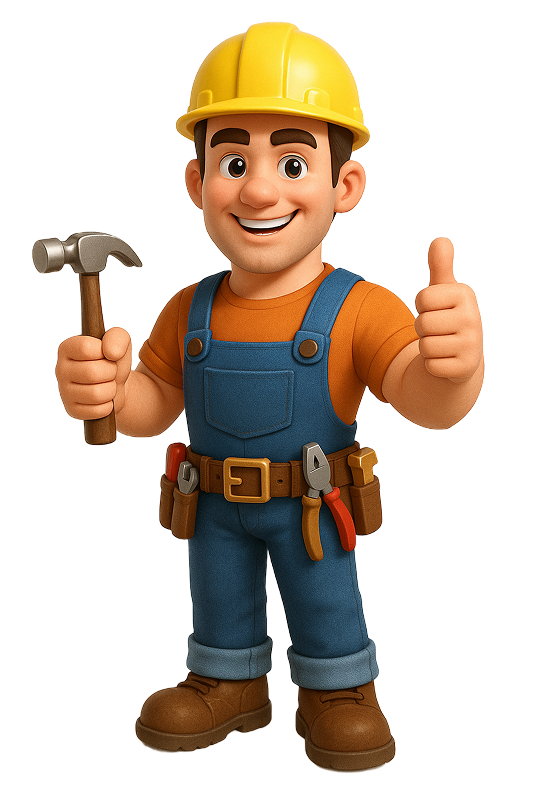 Kreskówkowa postać mężczyzny-specjalisty z młotkiem, unoszącego kciuk, symbolizująca solidne wykonanie i zadowolenie z pracy agencji marketingowej z wynikami.