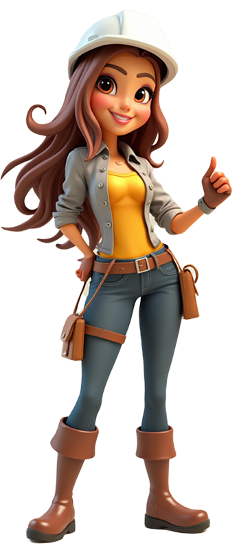 Kreskówkowa postać kobiety-specjalisty w kasku i dżinsach, symbolizująca budowanie silnych fundamentów biznesu przez agencję marketingową z wynikami.