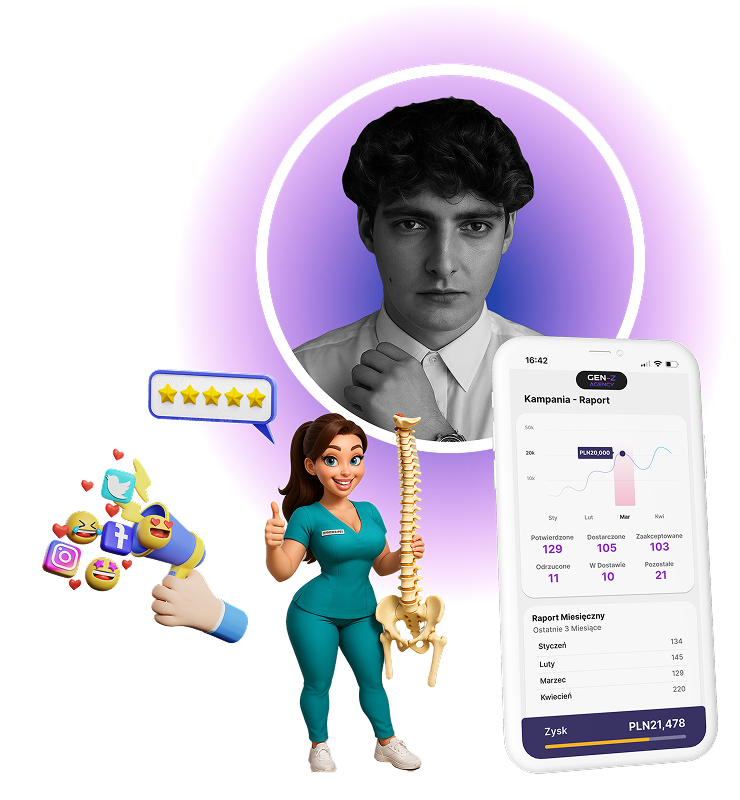 Wizerunek Mateusza (właściciela Gen-Z Agency) na telefonie, obok postać kobiety w stroju medycznym, reprezentująca specjalizację agencji marketingowej z wynikami dla fizjoterapii i stomatologii.