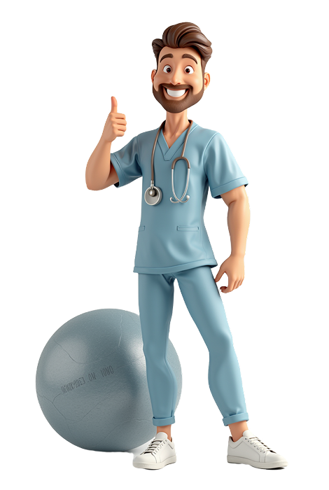 Uśmiechnięty mężczyzna w stroju medycznym (lekarz/fizjoterapeuta), wskazujący kciukiem w górę, symbolizujący profesjonalizm agencji marketingowej z wynikami dla branży medycznej.