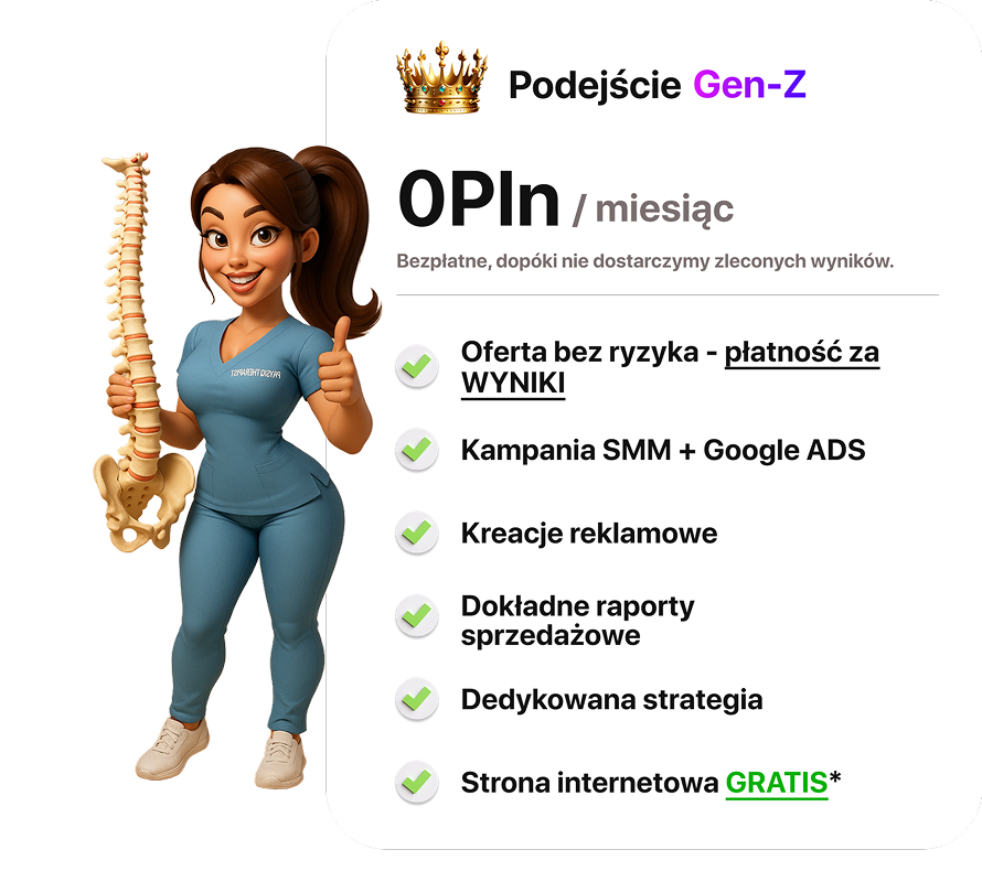 Grafika 'Podejście Gen-Z' z listą usług (SEO, Google Ads, Kampanie DMA) i postacią kobiety-bizneswoman, promująca skuteczne strategie agencji marketingowej z wynikami.