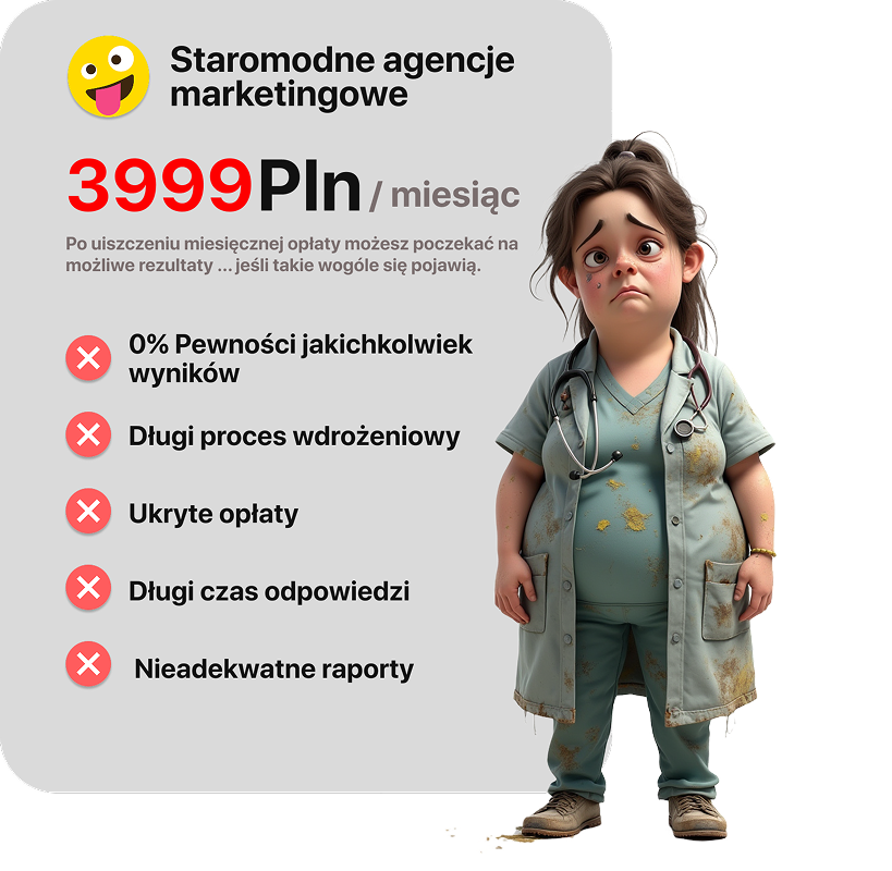 Grafika 'Staromodna agencja marketingowa' z cechami przestarzałych praktyk, podkreślająca innowacyjność Gen-Z Agency jako agencji marketingowej z wynikami.