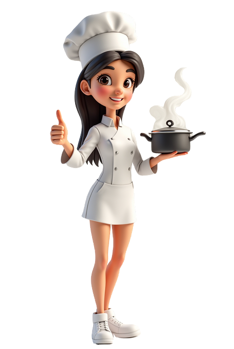 Uśmiechnięta kobieta-kucharz z patelnią, gestykulująca kciukiem w górę, symbolizująca sukces w branży gastronomicznej dzięki agencji marketingowej z wynikami.