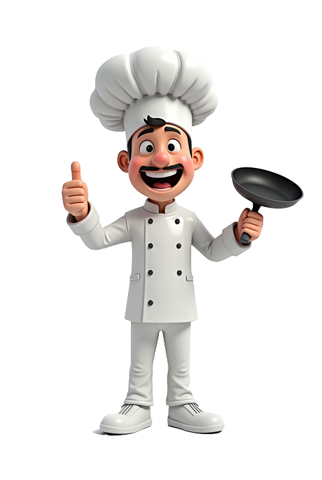 Uśmiechnięty szef kuchni z patelnią i kciukiem w górę, symbolizujący sukces w gastronomii dzięki agencji marketingowej z wynikami.
